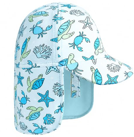 Gifts Treat Casquette Bleue Anti-UV (UPF 50+) pour Petit garçon, Casquette de Plage pour Enfants avec Protection pour la Nuque, Motif Tortue, 2-4 Ans