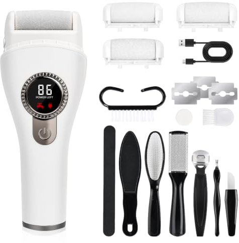 Râpe Pieds Électrique 1200mAh, Soin des Pieds Anti-Callosités, Kit Pédicure Complet avec 3 Têtes de Ponçage, 3 Vitesses, Écran LED & Lumière, Recharge USB, Ponceuse avec Accessoires