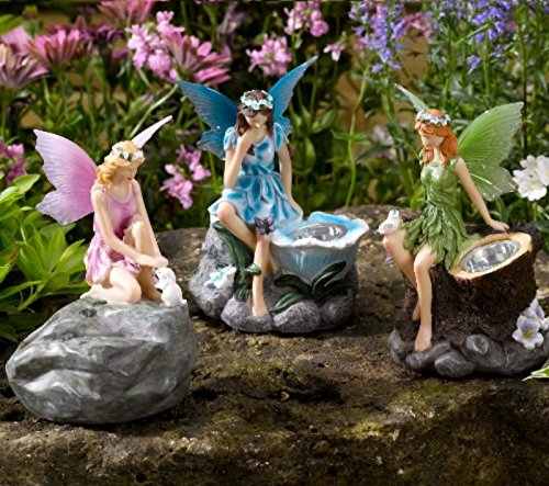 Garden Mile Solar Garden Fairy Ornament Lights Outdoor Set of 3 Fairy Statues with Solar Spotlights Decorative Waterproof White LED for Garden Pathway Lawn Patio