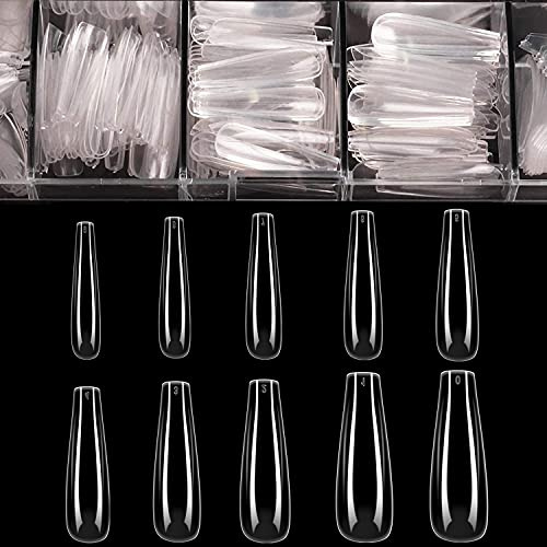 Long Fake Nails - Clear Acrylic Coffin Shaped Ballerina Nails Tips BTArtbox 500pcs Full Cover False Artificial Nails with Case for Salons and DIY Nail Art, 10 Sizes