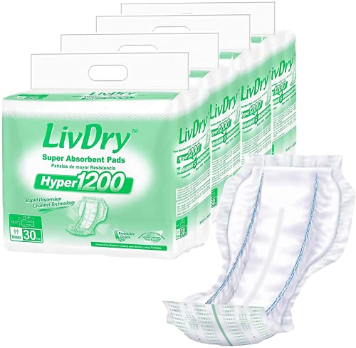 LivDry High Absorbency Pad Insert for Incontinence Briefs and Adult Diapers, Women and Men, Hyper 1200 (120 Count)