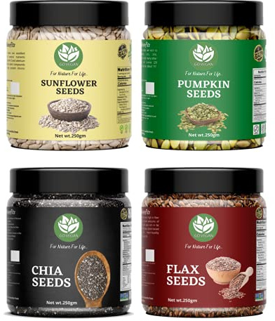 Go Vegan Lot de 4 graines brutes à manger – 1 kg (graines de citrouille, chia, tournesol et lin – 250 g chacune)