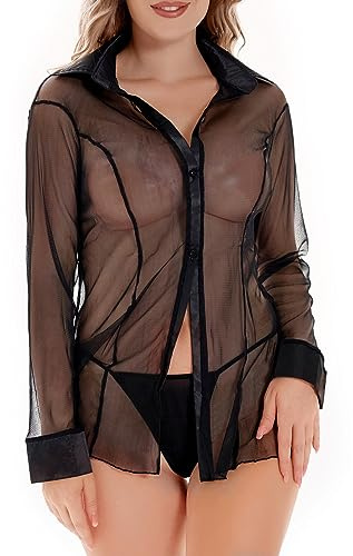 Ruzishun Sheer Mesh Button Shirt Women's Chiffon Shirt Long Sleeved See-Through Blouse Black-L