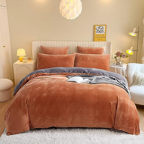 Freyamy Housse de Couette Flanelle 140x200cm Caramel Gris Peluche Parure de lit 1 Personne Velours Hiver Chaude avec Fermeture Éclair Polaire Linge de lit Réversible avec 1 Taie d'oreiller 65 x 65cm
