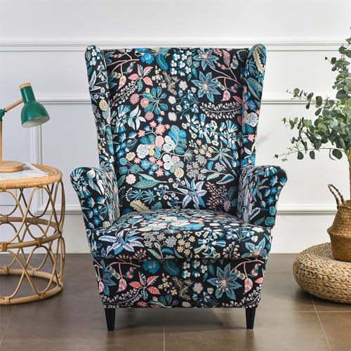 MINGPINHUIUS Soft Polyester Stretch Print Wingback Chair Covers 2 Piece Set | 2 IN 1 Design Removable Wing Chair Slipcover, Soft Wing Back Chair Cover for Living Room Bedroom Hotel Office Reception