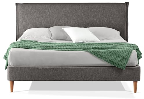 EVERGREENWEB Letto Matrimoniale in doghe in legno con Testata e rivestimento in tessuto Tortora | facile da montare |Adatto per materasso cm 160x200 | Letto di Design |Mod. Parigi
