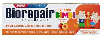 Biorepair, Dentifricio Bimbi 0-6 anni, Dentifricio Biorepair per Bambini Senza Fluoro Gusto Pesca, Anticarie, per Gengive Sane, 50 ml