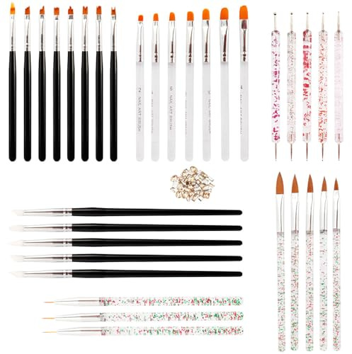 Mesee Lot de 33 Pinceaux de Manucure, Stylos de Pointage à Diamant, Outils de Peinture pour Gel et Vernis, Création et Décoration Ongles DIY