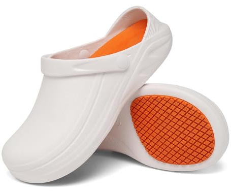 Bella Bays wasserdichte Gartenschuhe Herren Slip-ons Easy Clean Krankenpflegeschuhe Ölbeständig rutschfeste Kochschuhe White EU 42