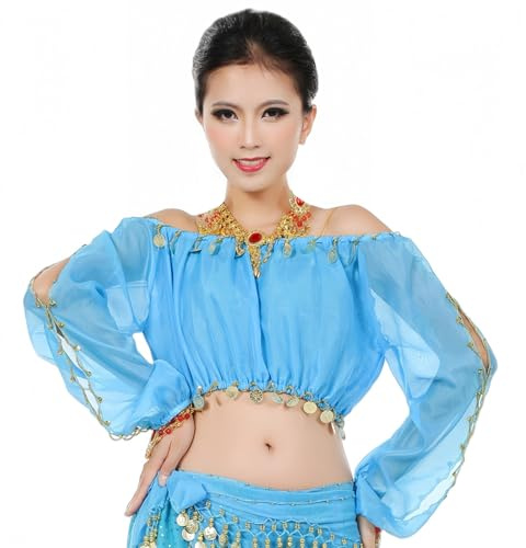 SamHeng Mujeres Top de Danza Árabe Monedas Brillantes Mangas Largas Crop Top Danza Tribal con Encaje y Hombros al Aire Blusa para Vestuario de Baile Festivales Carnavales Espectáculos‌, Azul Claro‌