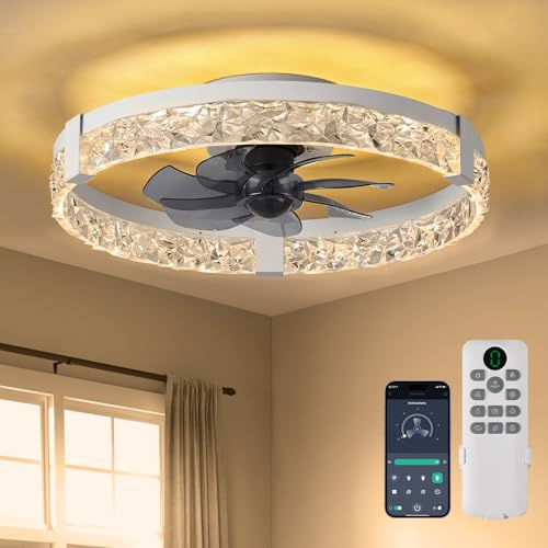 queffigle 20 Ceiling Fan with Light 4000LM 50cm Remote & App Control Flush Mount 6 Speeds Dimmable Low Profile 3 Colours Reversible Smart Quiet LED Timer Lamps for Bedroom Living Room Crystal