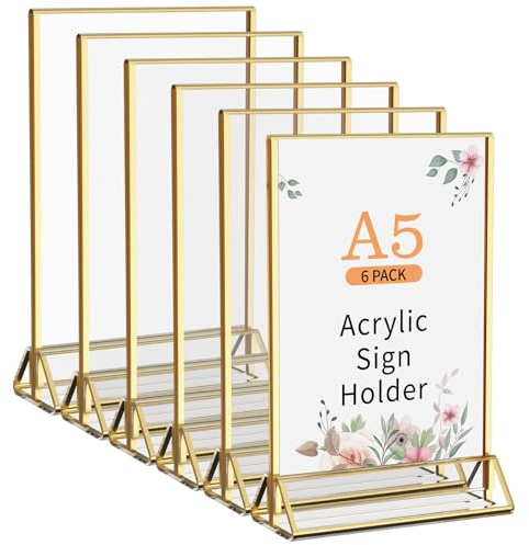 NPPLUS A5 Acrylic Sign Holder with Gold Borders, 6 Pack Double-Sided Stand, Gold Picture Frames for Wedding, Clear Tabletop Display for Restaurant Menus, Photo Displays for Events and Décor