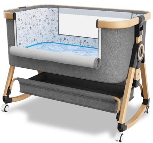 whiffee 3 in 1 Baby Bassinet,Bedside Sleeper with Storage Basket and Wheels,Portable Baby Crib with Mosquito Net, 6 Adjustable Height & Breathable Mesh,Easy to Fold (Brown&Black)