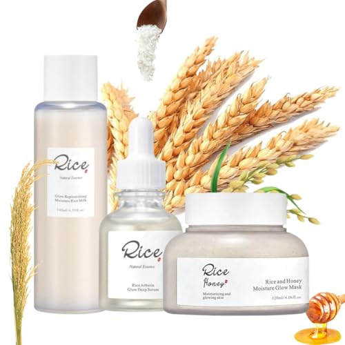 3-Step Korean Skincare Set, Glass Skincare Set,Rice Skin Care Sets : Rice & Honey Glow Mask, Arbutin Serum, Hydrating Toner , Facial Kit for Glowing Skin, Women & Men Korean Skincare Routine