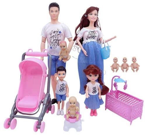 Porgeel Set di Bambole per Famiglia Set di Bambole Incinte sicure con papà e 3 Bambini 5 Persone con Accessori per casa delle