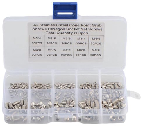 FUANA Kit di 260 viti a esagono incassato con punta conica, 304 per viti senza testa in acciaio inox per maniglie di porte, rubinetti, lampade, pomelli, serrature e giocattoli