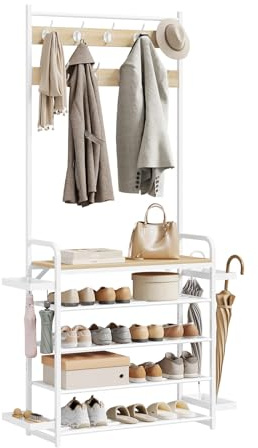 WOLTU 4-in-1 Coat Stand with Shoe Rack, Coat Rack, Light Oak and White