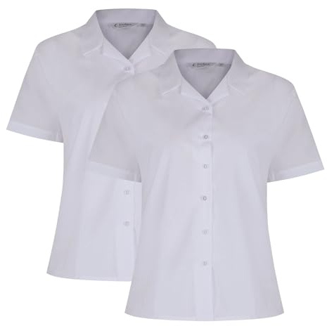 Trutex Girls White School Shirts, Multipack – Short Sleeve Standard Fit Revere Collar Cotton-Rich Non Iron School Blouses for Girls – Age 14 (2 Pack)