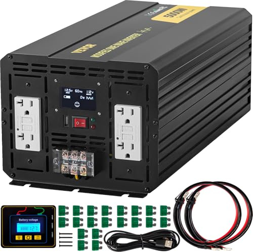 VEVOR växelriktare, 5 000 W modifierad sinusväxelriktare, 12 V DC till 110 V AC fordonsadapter, med LCD, fjärrkontroll, LED-ljus och GFCI-uttag för husbilar, lastbilar, båtar och utomhus-ADV