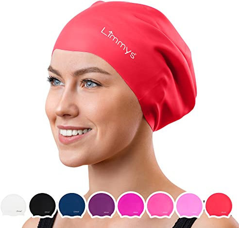 Limmys Adult Long Hair Swimming Cap - 100% Silicone Kids Swim Caps for Men and Women - Premium Quality, Stretchable and Comfortable Swimming Hats - Available in Different Attractive Colours (L, Red)