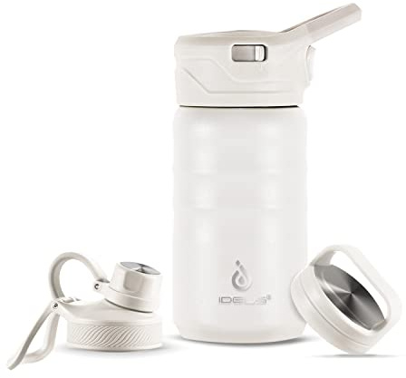 IDEUS Insulated Water Bottle 360ml/12oz, Stainless Steel Water Bottle for School, Insulated Bottles with Straws Leakproof, Vacuum Double Wall Water Bottles for Boys and Girls with 2 Lids, BPA Free