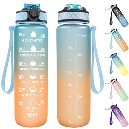 Invool Sports Water Bottle, 1 Litre Water Bottle with Straw & Time Markings, BPA Free, Leakproof & Secure Locking Lid, Tritan Plastic Drink Bottle for School/Cycling/Camping/Running(Blue Orange)