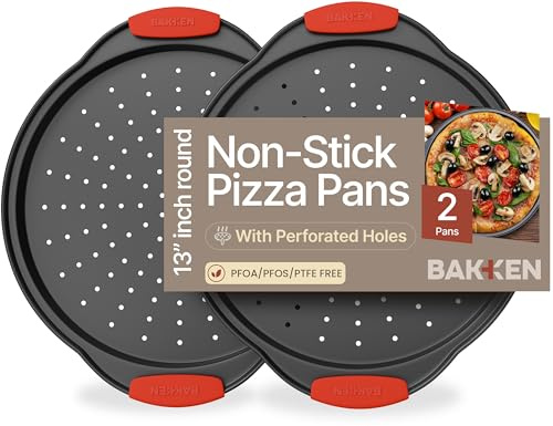 Bakken Pizza Baking Pan - Round Perforated Carbon Steel Pan with Non-Stick Marble Coating, Oversized Silicone Handle, Dishwasher Safe, High-Temperature Resistant, Durable & Easy Cleanup Black, 2 Pack