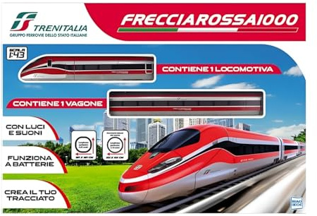 Pista Trenitalia Frecciarossa 1000 Scala 1:43 - Treno Giocattolo 1 locomotiva 1 vagone e 6 tracciati in 1 - Funzionamento a Batteria + portachiave cubo