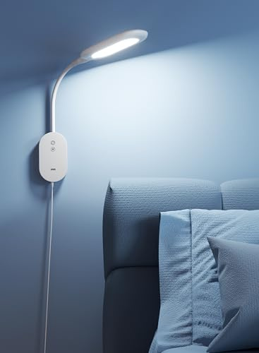 TOPMB Wall Mounted Reading Light, Book Lights for Reading in Bed with CRI 95+ for Eye Care, 4 Color 5 Dimmable, 2A USB Output, 4-Hour Auto Off, Flexible Gooseneck Bed Headboard Reading Lamp White