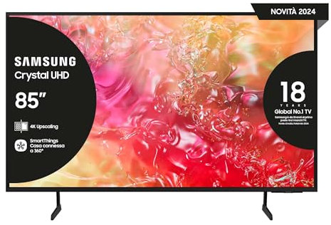 Samsung Smart TV 85 UE85DU7190UXZT, Crystal 4K UHD, 4K Upscaling, Slim Look, DVBT-2, Q-Symphony & OTS Lite, Integrato con Bixby, comp con Alexa e Google Assistant, Black 2024 [Amazon EXCL.]