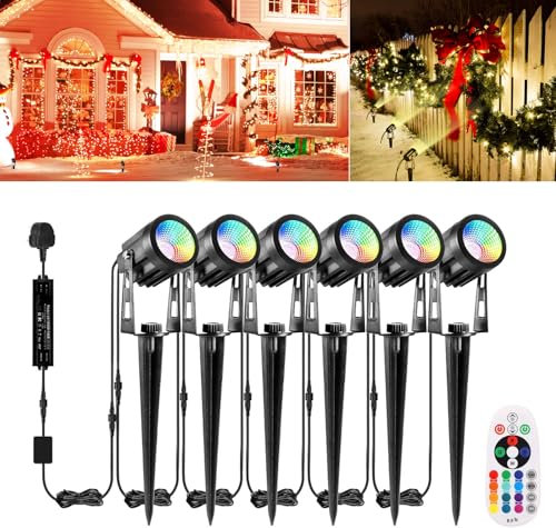 ECOWHO Garden Spotlights Mains Color Changing Outdoor Spike Lights IP65 Waterproof 20m Extendable Xmas Spot Lights 12V Garden Lights Timer Remote for Holiday Decor(Cool White&RGB)