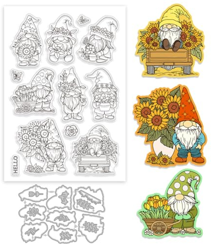 GLOBLELAND Sunflowers Gnome Clear Stamp and Cutting Dies Set for Card Making Tulips Dwarf Silicone Clear Stamp Metal Flowers Roses Daffodils Butterflies Die Cuts for DIY Scrapbooking Photo Album