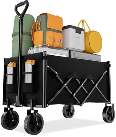 Favoyard 100L Foldable Festival Trolley on Wheels, Garden Wagon Cart with Adjustable Handle and Drink Holder, Portable Camping Trolley Cart for Beach Camping Garden Outdoor Fishing, Black