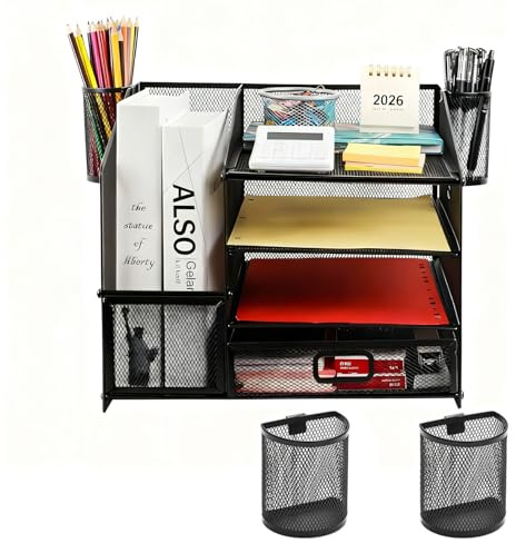 KZARYVEXIS Organisateur de Bureau 4 Niveaux avec Porte-Documents, Tiroir et 2 Porte-Stylos en Maille Métallique pour Fournitures de Bureau, Maison, École