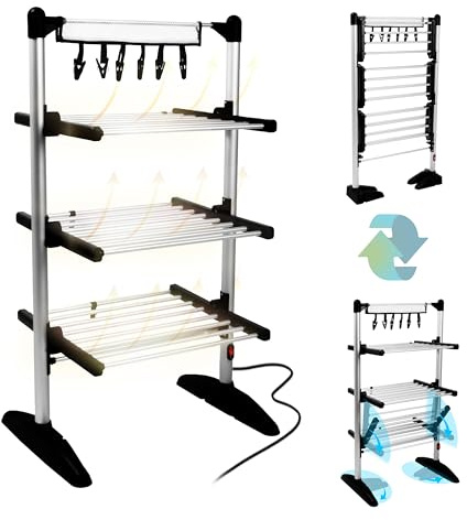 Duronic CA20 BK Electric Clothes Airer 3 Tier Heated Indoor Laundry Drying Rack with Washing Pegs 202W Foldable Sock Hanger Lightweight Garment Dryer Stand for Hats Gloves Small Spaces Home