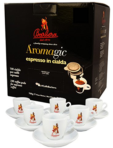 Caffè Barbera – Aromagic 100 Cialde Biodegradabili - Sistema ESE - Miscela di Caffè Macinato – Intenso + Set Tazzine Premium