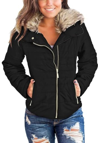 Vetinee Women Casual Faux Fur Lapel Zip Pockets Quilted Parka Jacket Puffer Coat Black X-Large (Fits US 16-US 18)