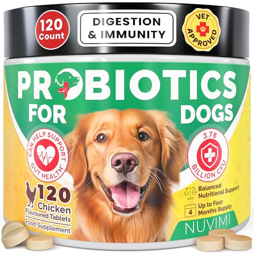 NUVIMI Probiotici per Cani - Compresse probiotiche e prebiotiche per Cani - Integratore per Il Supporto digestivo e la Salute intestinale - 120 Gusti di Pollo