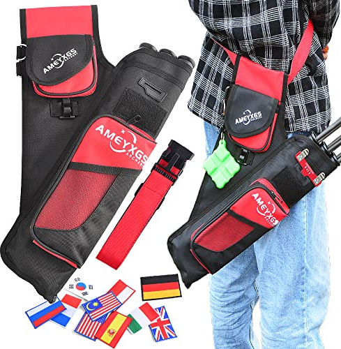 Archery 3 Tubes Multifunction Waist Span Arrow Quiver Shoulder Hanged Carry Hunting Target Arrow Quiver Bag with Side Pockets for Target Hunting Training (red)