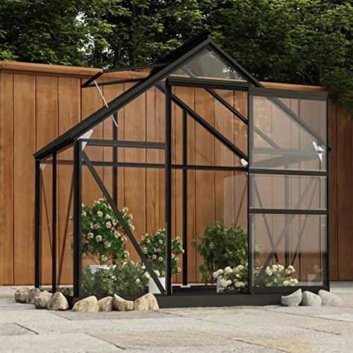 Gecheer Serra in Vetro Antracite 155x103x191 cm Telaio in Alluminio,Serra da Giardino per Piante,Serra da Giardino e Terrazza,Serra da Giardino in Vetro