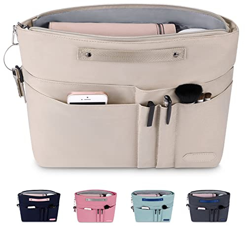 HyFanStr Bag Organizer for Handbags,Tote Bag Organizer Insert Zipper Bag for Women, Handbag Organizer Inside Liner with 15 Pockets, Beige, XS