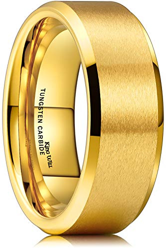 King Will GLORY 4mm/6mm/8mm Matte Finish High Polished Tungsten Carbide Ring 18K Gold Plated Comfort Fit Wedding Band Beveled Edges/Step Edges/Flat Pipe Cut Edges