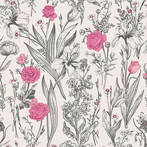 VEELIK Beige Floral Wallpaper Pink Rose Flower Contact Paper Self Adhesive Tropical Leaf Wall Mural Patterned Sticky Back Plastic Roll Worktop Covering Lining Paper for Drawers Bedroom 44.5cm x 300cm