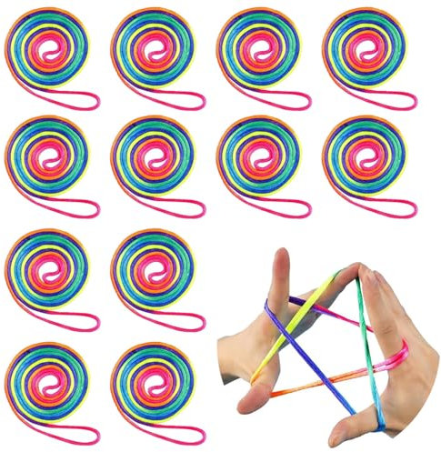 RXKFIGX Juego De 12 Juegos De Dedos Rainbow Rope Flexible para NiñOs,Juego de Dedos Cuerda,Cuerda De Arco Iris,Juguetes De Habilidad De Dedos,Cordón Arcoíris,Regalo