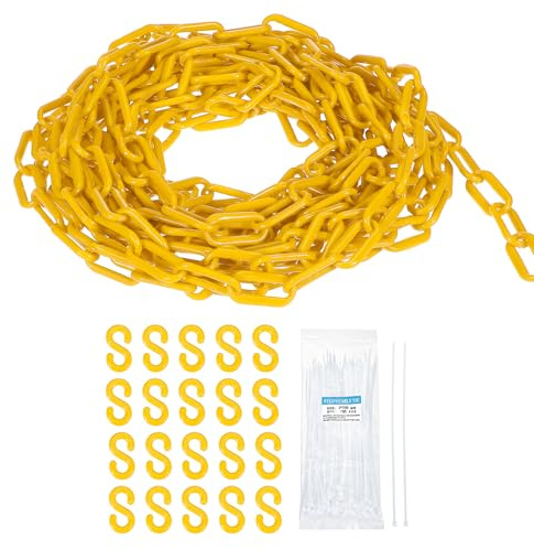 sourcing map Kunststoffkette, 30,5 m, Sicherheitskette, gelbe Kunststoff-Kettenglied-Barriere mit Kabelbindern und S-Haken für Menschenmengenkontrolle, Warteschlangenschnur, Zaundekoration