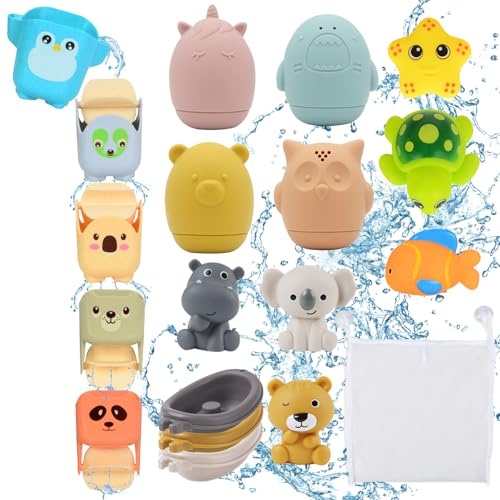 Conjunto Juguetes para Baño, 19 Piezas Juguetes Bañera para Bebe Baby Bath Toys Squeeze Toys Juguete Apilable Juego de Ducha Juegos de Agua Juguetes Piscina Juguetes Playa para niños de 1 2 3 4 años