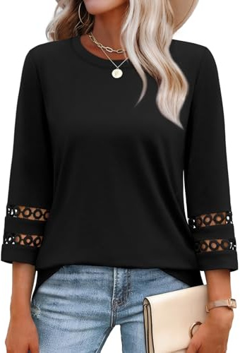 XIEERDUO Ladies Tops Womens 3/4 Sleeve T Shirts for Women Crew Neck Blouses Loose Fit Tunic Size 22-24 Black