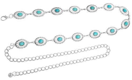 NXPUXP Western Metal Concho Belt,Women's Metal Chain Belt,Suitable for Denim Dress,Denim Women's Clothing(YL-Blue)