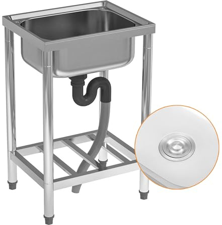 Home Nature Küchenspüle, Freistehende Spültisch 1 Becken, Edelstahl Waschbecken, Edelstahlspüle, Gewerbliche Spülbecken mit Wasserhahn, Mobile Spüle, für Outdoor, Restaurant (Einzelküchenspüle)
