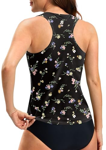 G Gradual Tankini Tops for Women High Neck Swim Top Only,Black Flower,S